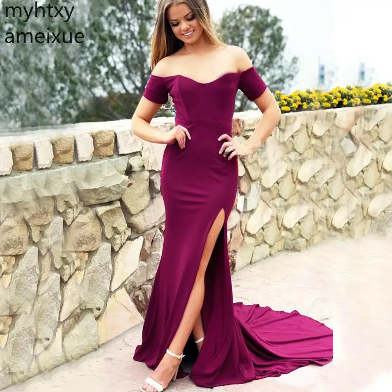 Женское вечернее платье русалка фиолетовое длинное с разрезом сбоку для