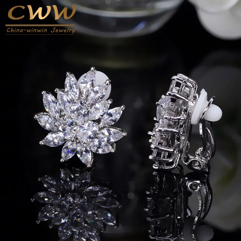 CWWZircons, дизайн, в форме цветка, потрясающие, кубический цирконий, кристалл, для женщин, Ушная клипса, серьги, без пирсинга, CZ196 - Окраска металла: white