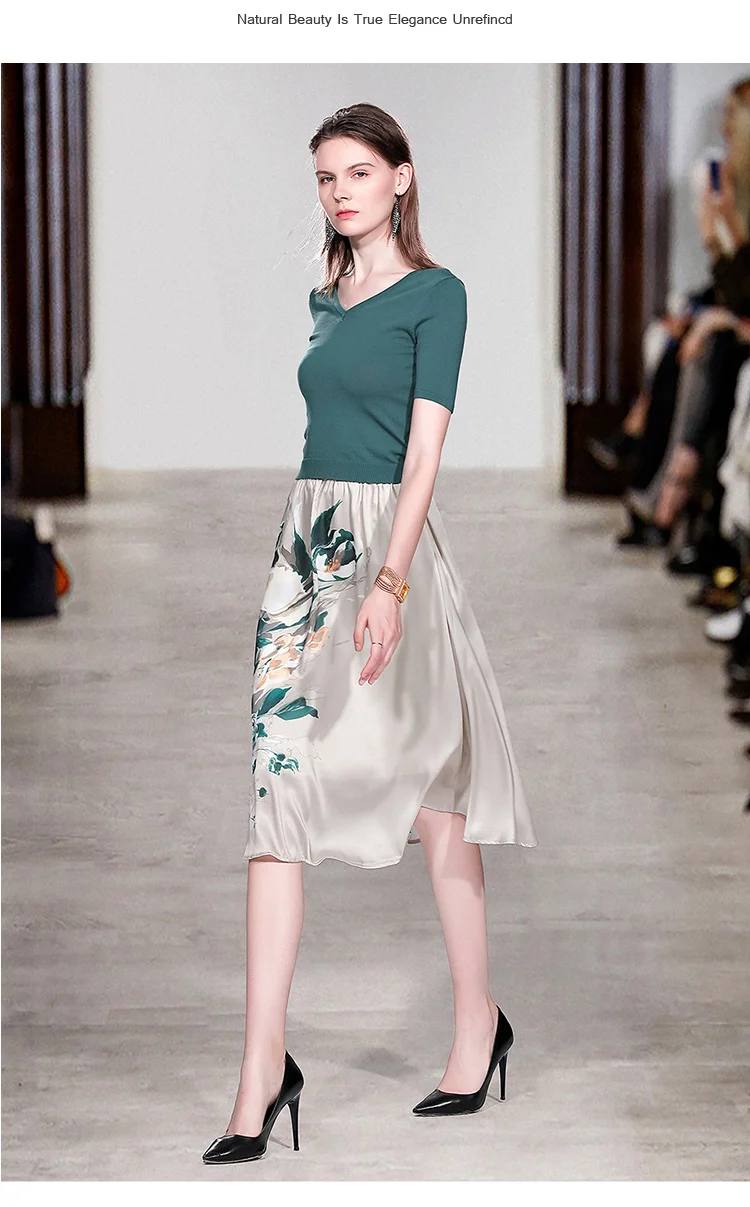 Женский комплект из 2 предметов юбка с цветочным принтом и вязаный черно-зеленый