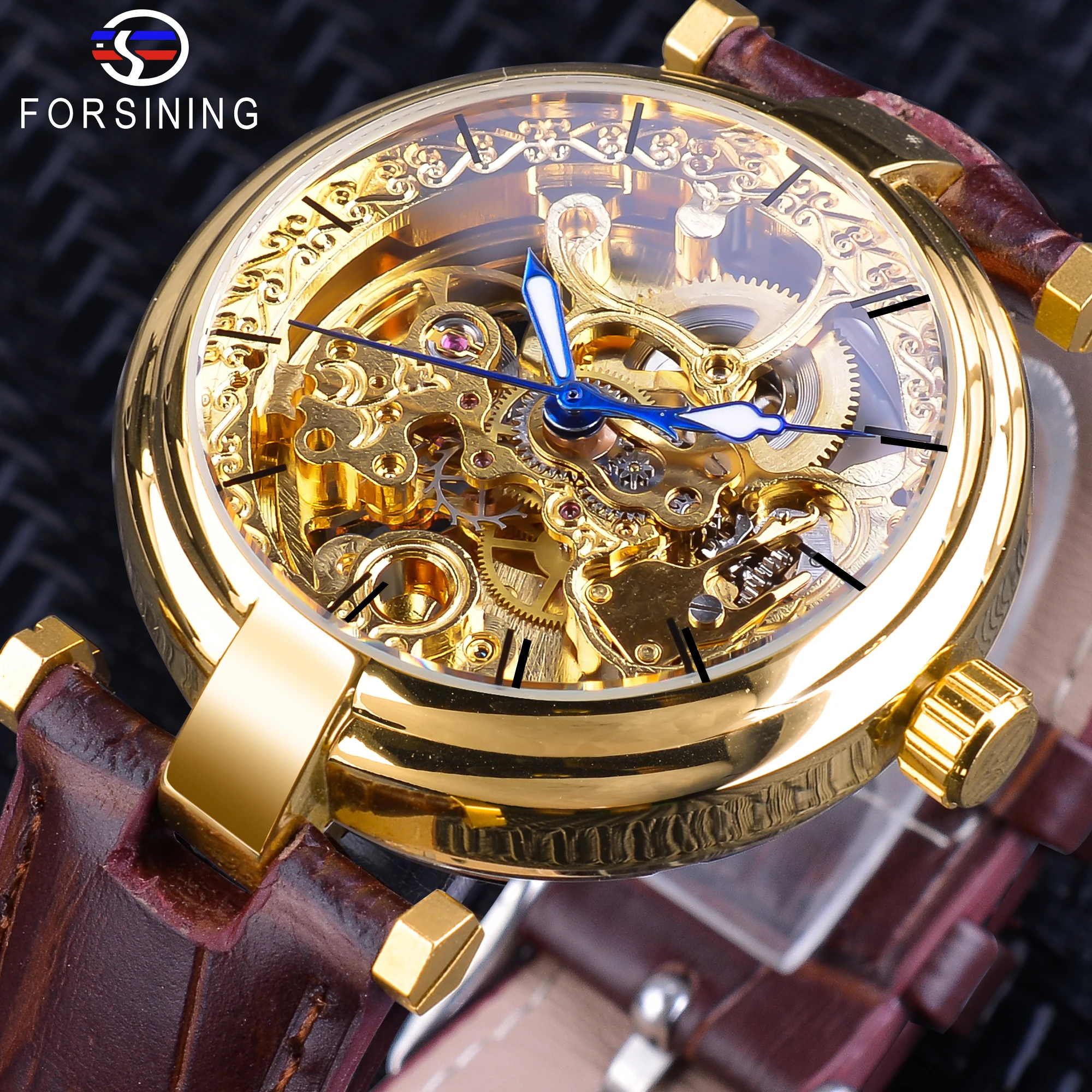 Forsining Fashion Golden Clock Blue Hands Mens Automatic Self-wind Watches Top Brand Luxury Brown Genuine Leather Luminous Hands