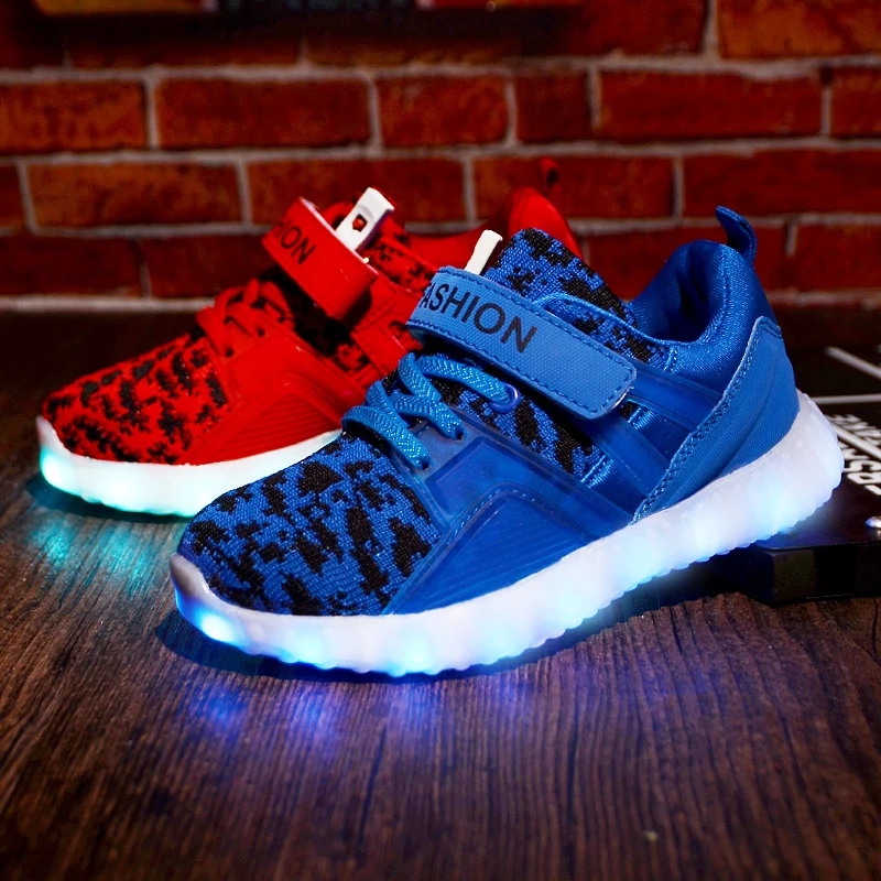 LED Children Shoes With Light For Boys Lighted Girls Sports Kids USB Charge Breathable Glowing Sneakers 20 | Детская одежда и