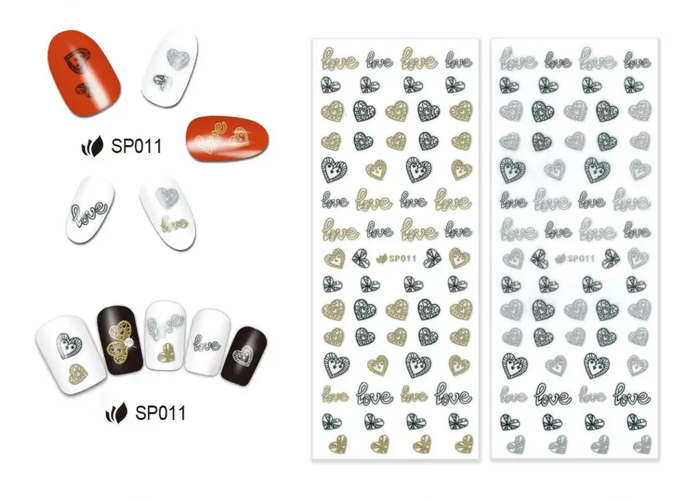 SP011 GOLD SILVER 2 шт./партия самоклеящаяся 3D наклейка для ногтей металлическая Металлическая черная Золотая серебряное колесо гаечный ключ Алмазный раковины сладкое сердце SP01-12 - Цвет: SP011 GOLD SILVER