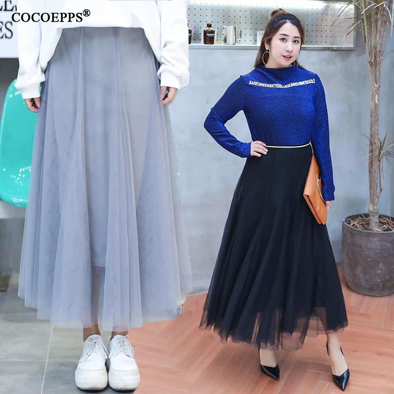 

2019 Summer Tulle Long Skirts Woman Big Size High Waist Solid Mesh Tutu Skirt Female High Quality Woman Midi Skirt