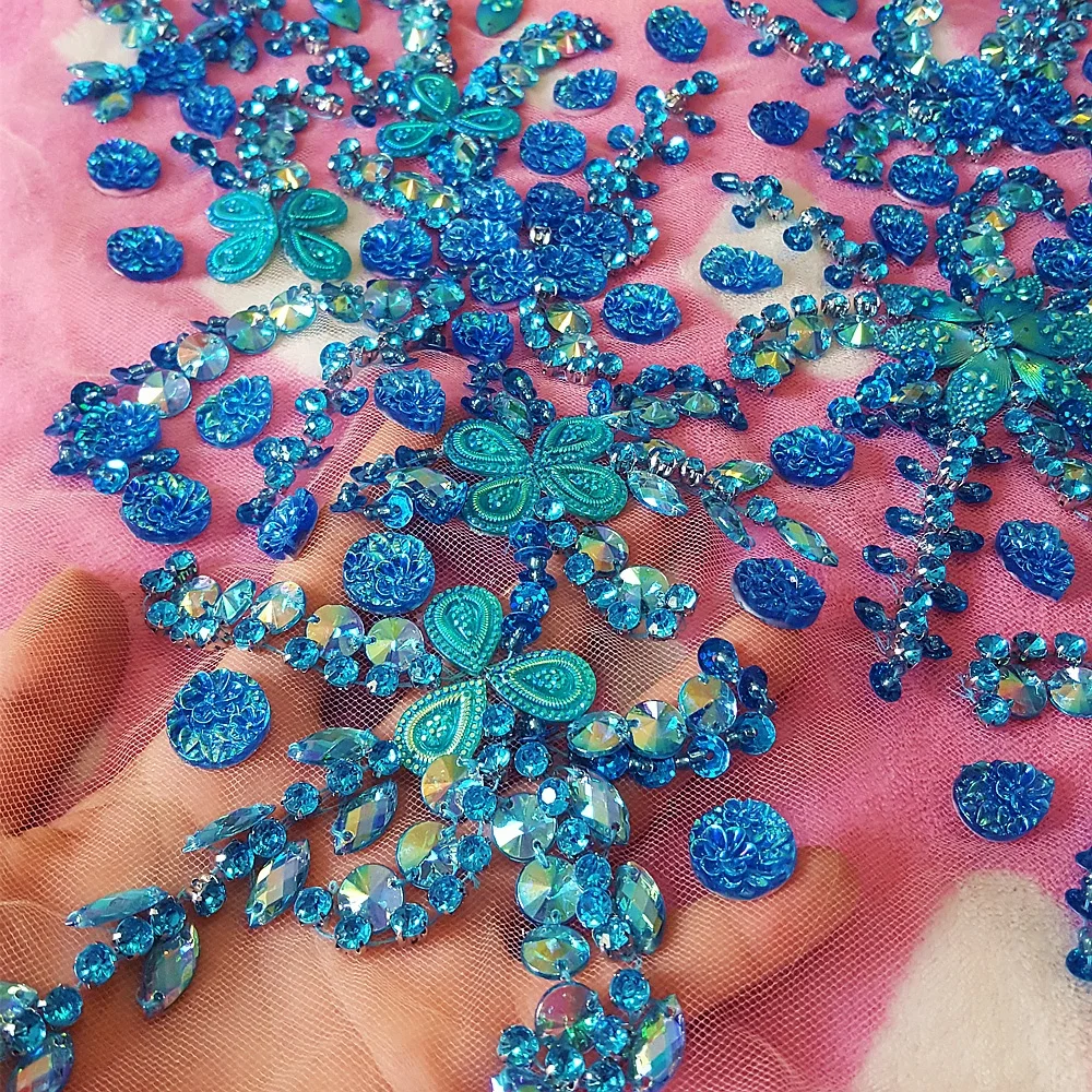 

HAND Beaded Bright Patches Appliques Sew on Wedding Clothes Blue Rhinestone Crystal Trim Sewing For Dresses 27x31cm Designer Diy