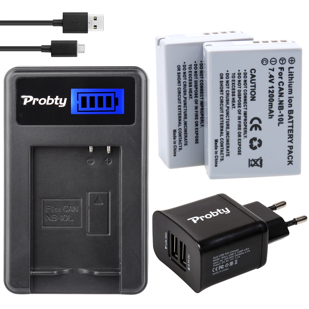 

PROBTY 2pcs NB-10L NB 10L Camera Battery + LCD USB Charger For Canon G1X G15 G16 SX40HS SX50HS SX60HS SX40 SX50 SX60 HS