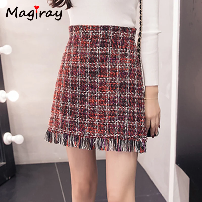 Твидовая трапециевидная мини юбка с высокой талией в Корейском стиле Женская