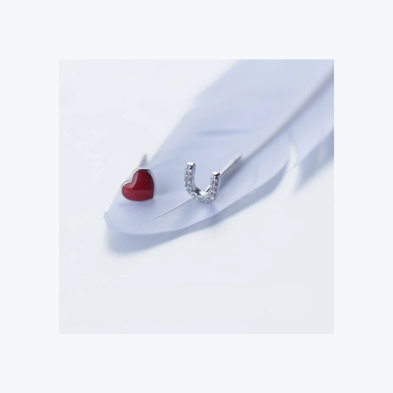 

MloveAcc Authentic 100% 925 Sterling Silver Asymmetry Love Heart & U Letter Stud Earrings for Women Girls