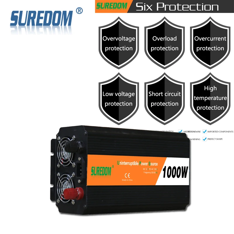 SUREDOM UPS 1000 Вт Инвертор 12 В постоянного тока до 100 переменного с 2 розетками для дома