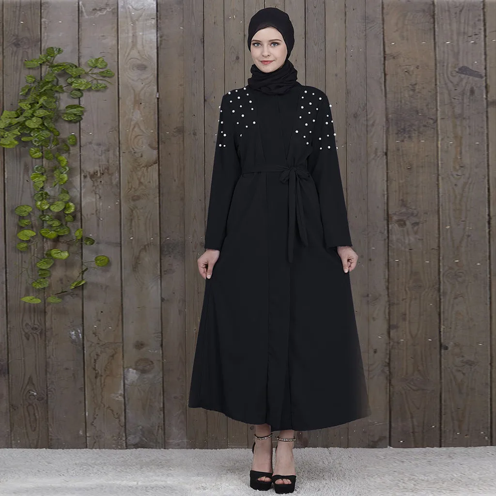 Женское кимоно с кружевом и бусинами Abaya мусульманское хиджаб коктейльное платье