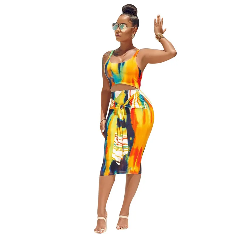 

Sexy Tie Dye Print Lace Up 2 Piece Set Woman Tank Top + Skirts Two Piece Set Skirt Summer Bodycon Bandage Women Outfits