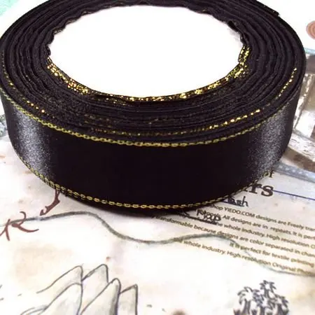 

25MM 25Yard Black Gold Side Satin Ribbon Riband Band Woven Cords Hair Jewelry Findings