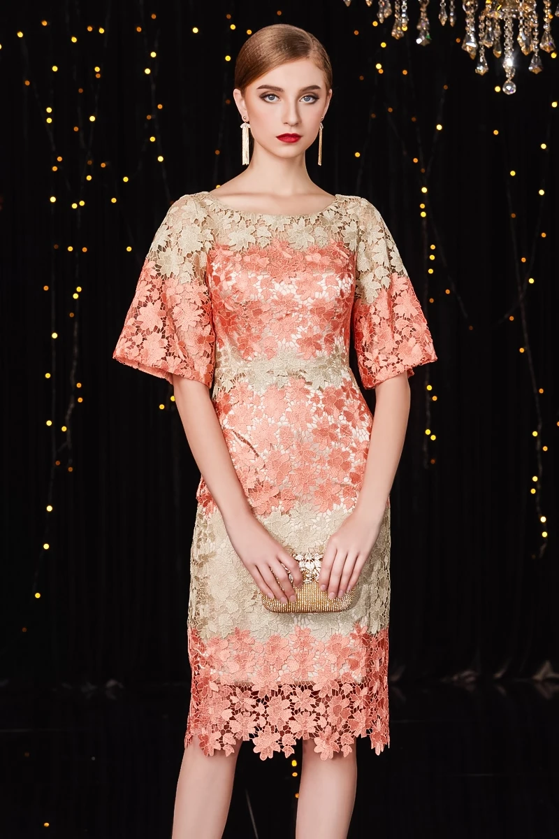 Jucember vestido elegante Коктейльная ложка прямая Половина рукава длиной до колена с вырезами Кружева Аппликации сад платье
