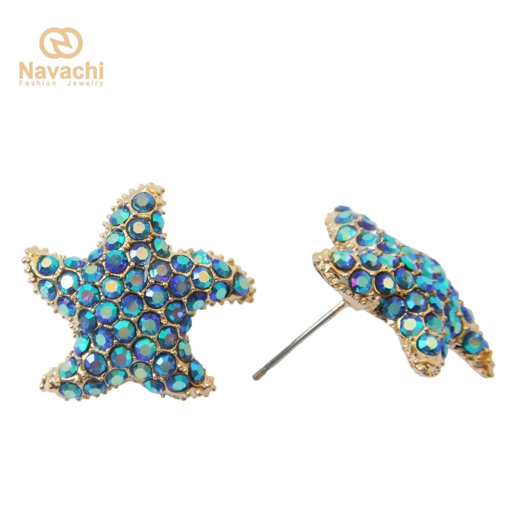 Серьги пусеты Navachi с морскими звездами и Голубыми Стразами SMT2061|earrings for baby girls|earring
