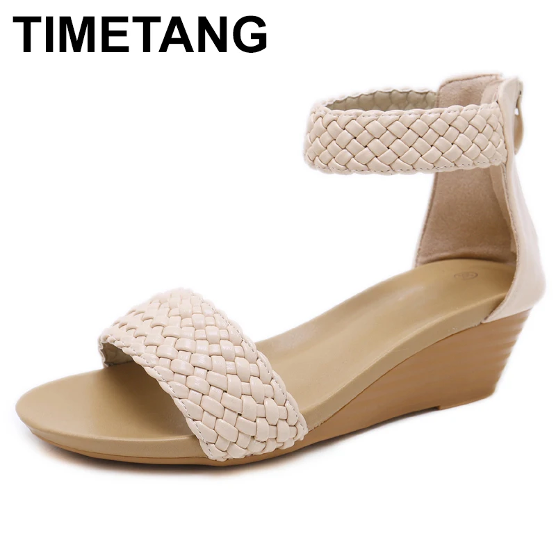 TIMETANG женские босоножки на танкетке WeaveKnit с ремешком щиколотке в сдержанном стиле