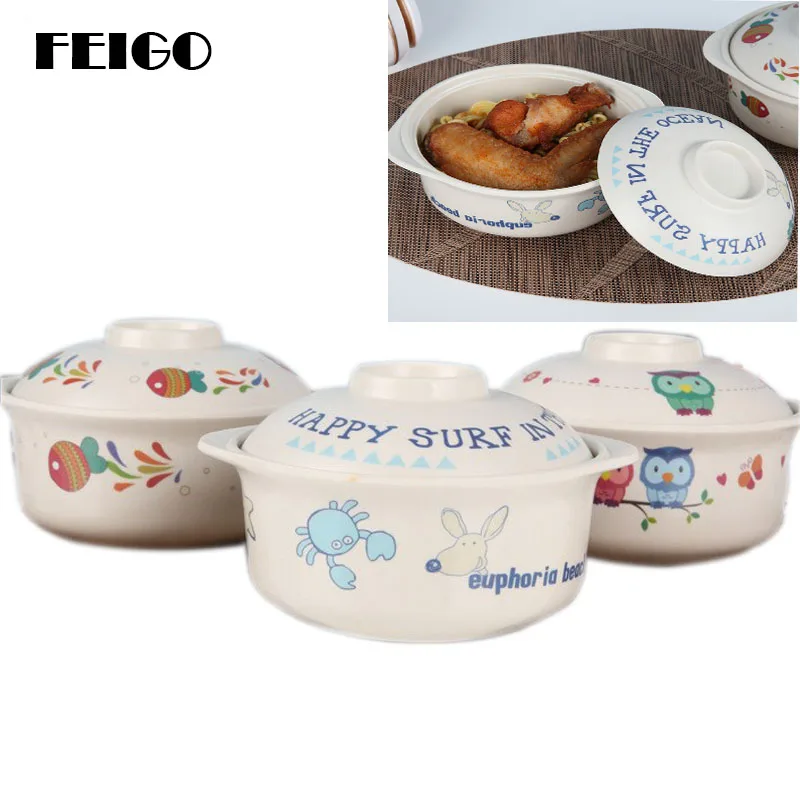 

FEIGO 1Pc Cartoon Natural Bamboo Fiber Bowls With lid Animal Baby Feeding Tableware Children Toddler Portable Kitchen Bowls F576