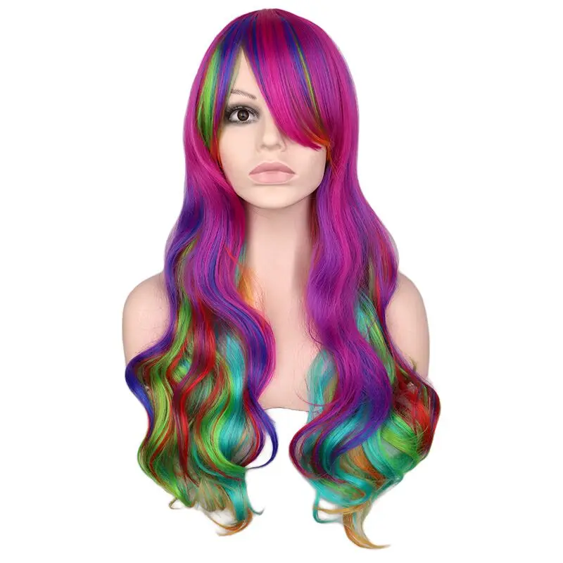 QQXCAIW Rainbow Colorful Synthetic Long Curly Hair Wig Cosplay Party Women High Temperature Wigs