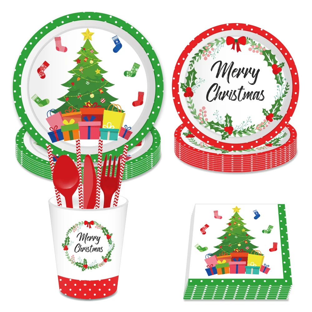 

Happy New Year Merry Christmas Tree Tableware Sets Disposable Plates Napkin Cups Christmas Party Favors Decorations for Home