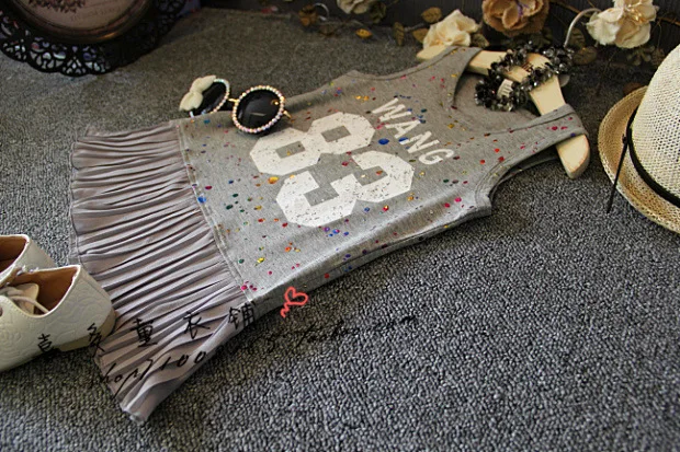 number 83 print girls dress summer new clothes chiffio patchwork kids for party sleeveless gray Graffiti jacket girl | Детская одежда и