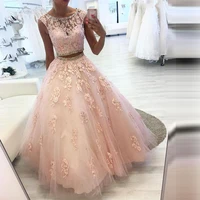 elegant two pieces evening dress long sleeveless tulle appliqued crystal o neck prom gowns party dresses robe de soiree
