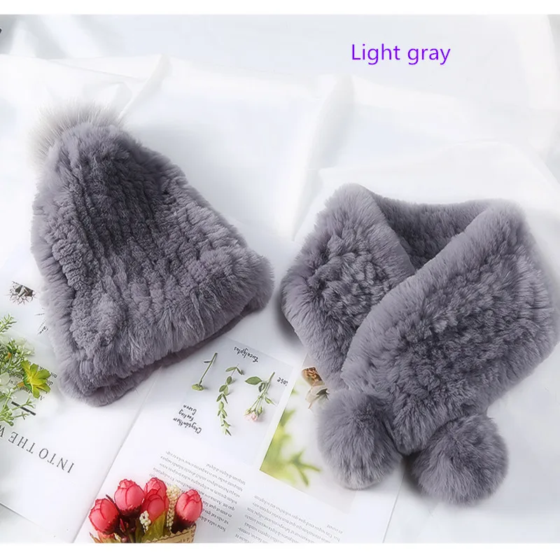 Light gray Детская новая кроличья меховая шапка Зимний теплый шарф шапка шарф костюм для девочек и мальчиков Толстая теплая шапка шарф горячий - Цвет: Light gray