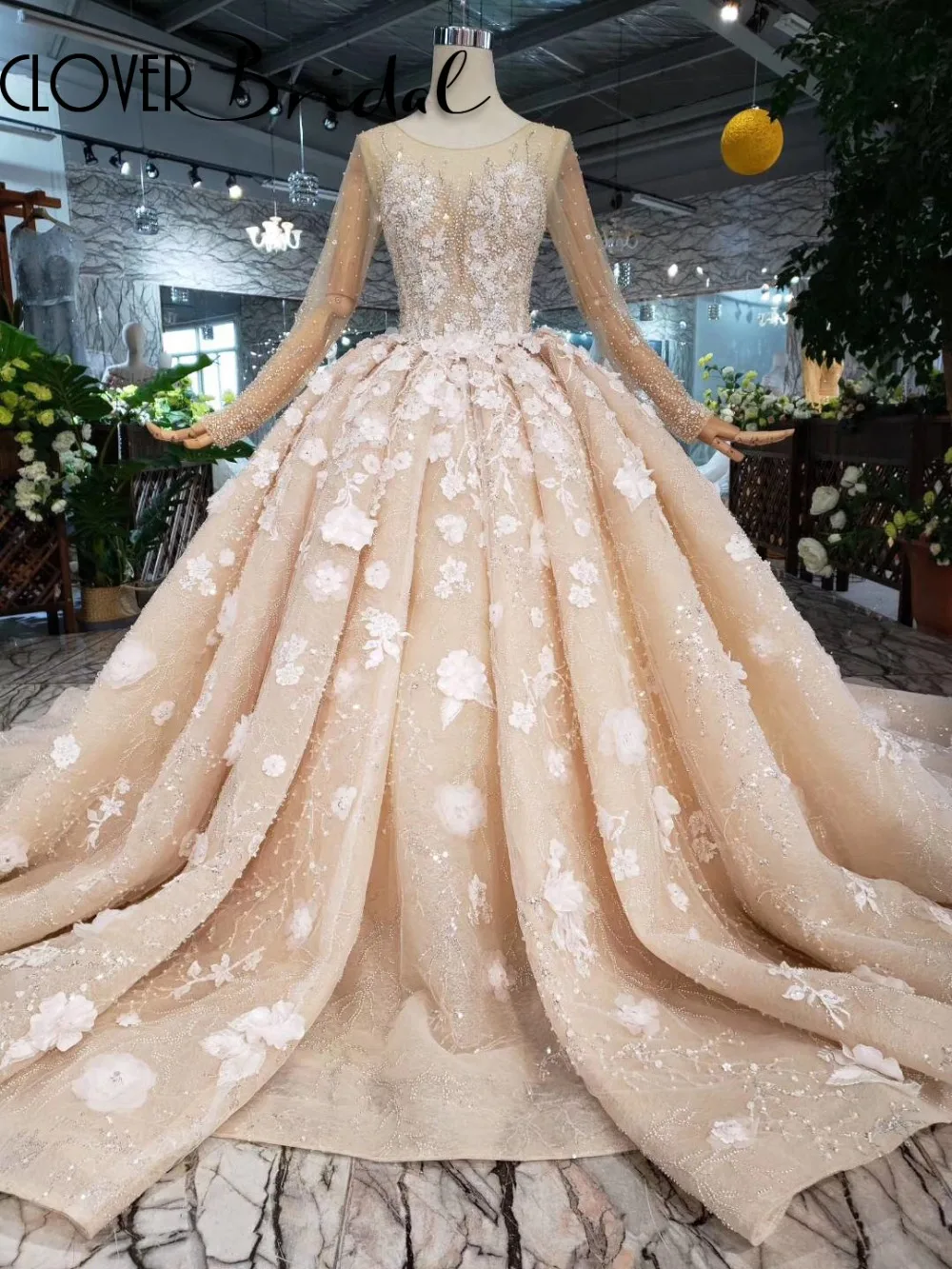 CloverBridal 2019 новый дизайн жемчуг стразы Цветы бальное платье цвета шампанского