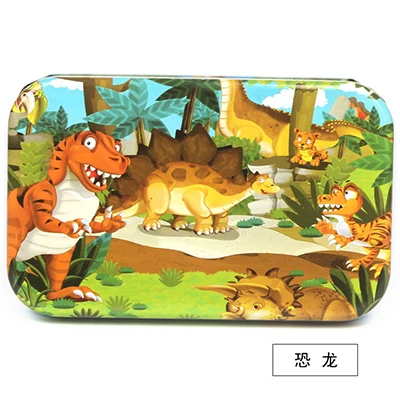 dinosaur Premium Size 22.5* 13cm Wooden Large 60 Piece Iron Box Cartoon Animal Baby Puzzle Child Wooden Educational Toy Girl Boy - Цвет: dinosaur