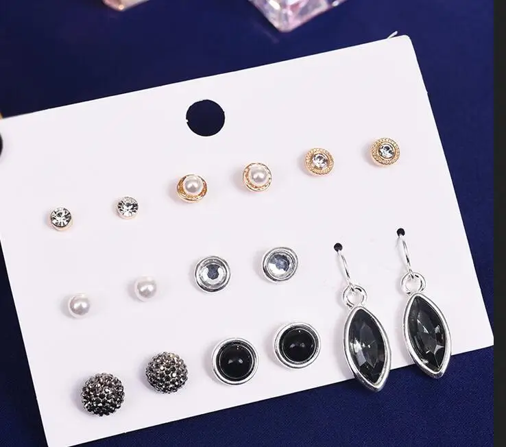 2019 Fashion 9 Pairs/Lot Plastic Anti allergy earring Pearl diamond flower Heart star Stud Earrings heart Cross Circle Earring | Украшения