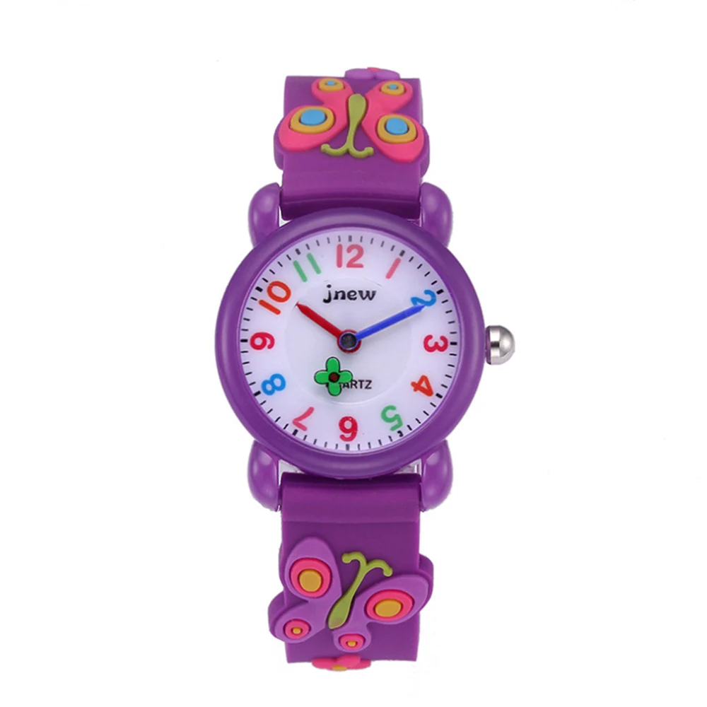 Purple Watch Детские часы с 3D мультяшными бабочками и цветами, силиконовые ремешки, детские часы, кварцевые наручные часы для маленьких девочек, милые часы, Montre Enfant - Цвет: Purple Watch