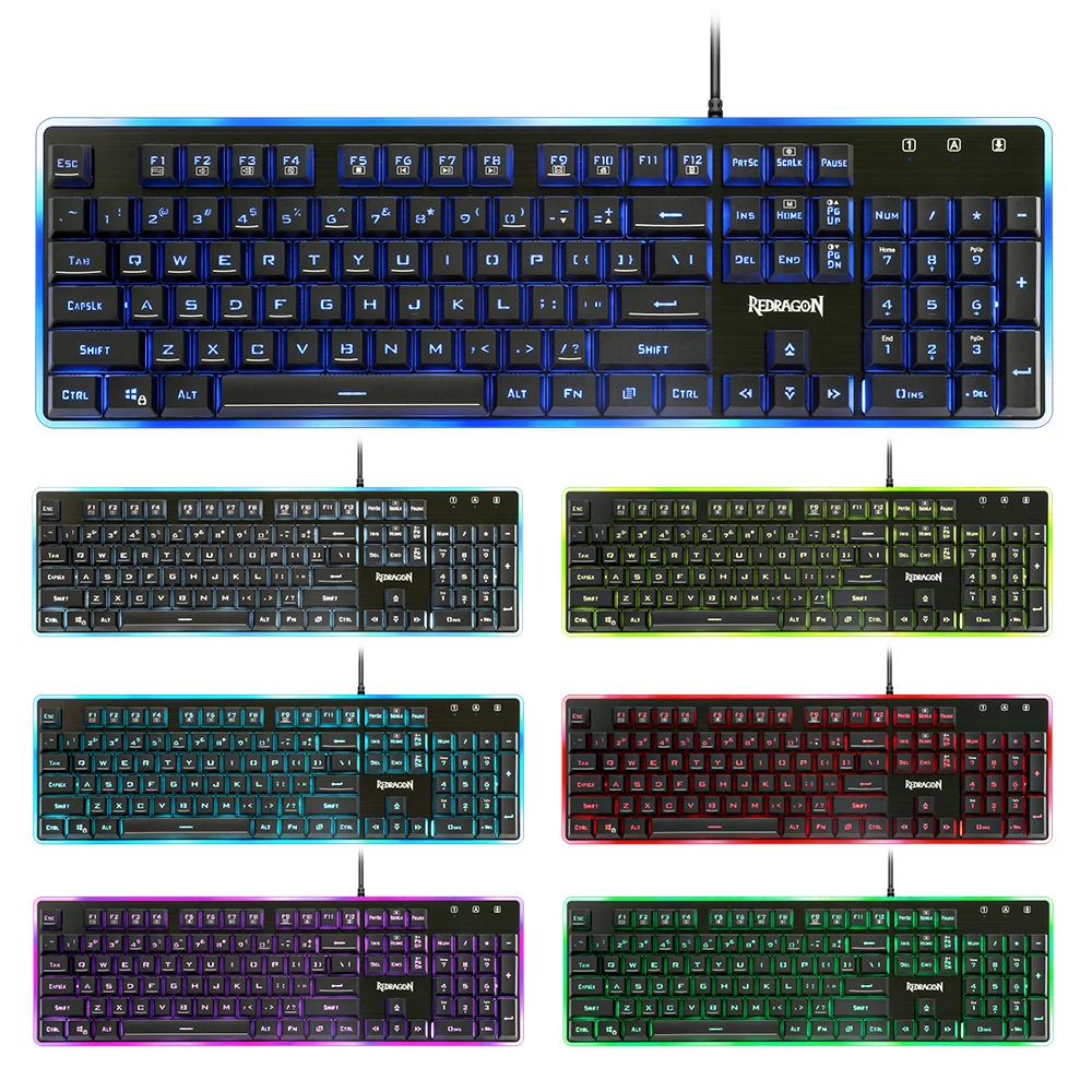 Redragon K509 USB игровая Мембранная Клавиатура эргономичный 7 цветов светодиодный с подсветкой клавиши полный ключ анти-ореолы 104 проводной ПК компьютер геймер