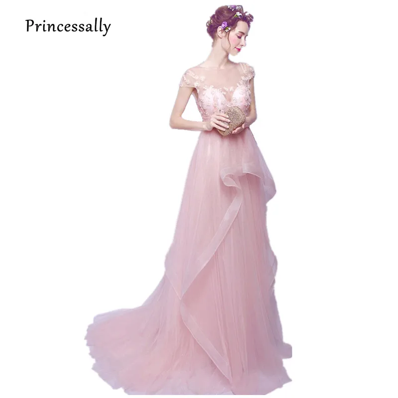 Женское вечернее платье со шлейфом розовое элегантное Прозрачное с рукавами