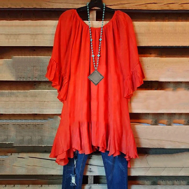 Летняя мода круглый вырез повседневные топы оборки Тонкая блузка для женщин