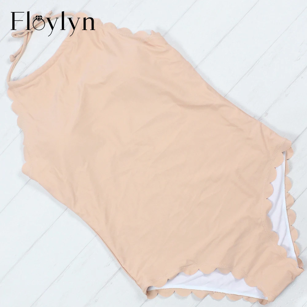 Бикини Floylyn 2018 бандажный Цельный купальник однотонный бежевый с лямкой на шее