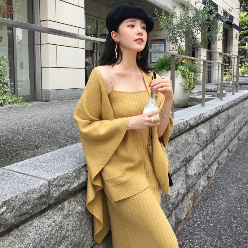 2019 Winter Knit Suit Set Bat Sleeve Women 2-pieces Dress Single Long Sleeved Cardigan+Bodycon Knitted |