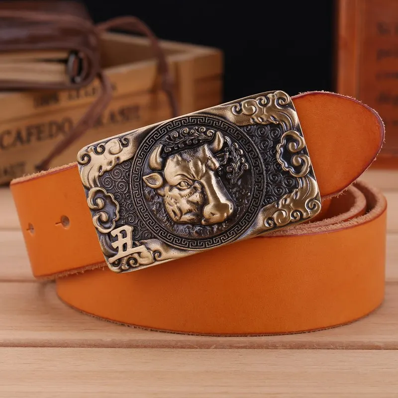 camel buffalo Ремень с тигром, Воловья кожа, натуральная кожа, полностью зернистая твердая латунная пряжка, высокое качество, мужской ремень, роскошный коричневый ковбойский китайский лист - Color: camel buffalo