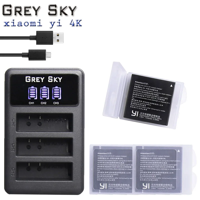 charger and 3battery Для оригинального Xiaomi Yi II Xiami yi 4k AZ16-1 аккумулятор+ светодиодный USB 3 слота зарядное устройство для экшн-камеры Xiaoyi Yi Lite - Цвет: charger and 3battery