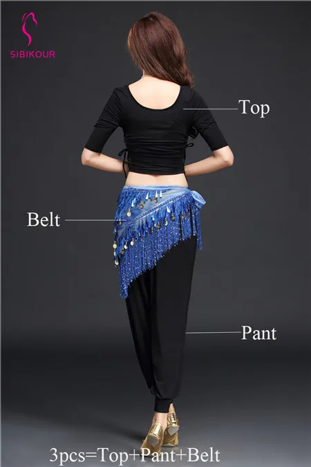 Black 3pcs Женский костюм для танца живота, тренировочная одежда для йоги, одежда для танца живота для взрослых, Восточный Болливуд, индийский Топ, пояс для брюк, тренировочная одежда - Цвет: Black 3pcs