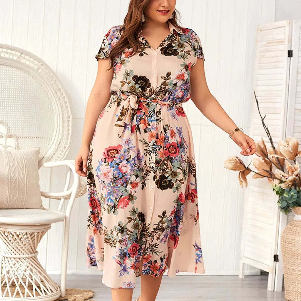 Женское платье с коротким рукавом и цветочным принтом большие размеры женская