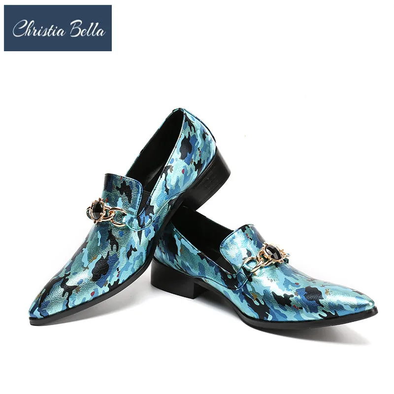 

Christia Bella Gem Chain Men Loafers Camouflage Painted Genuine Leather Slipper Smoking Slip Ons Shoes Party Wedding Dress Shoes