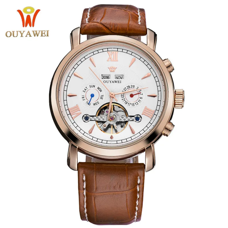 Rose gold and white OUYAWEI бренд Высококачественная кожа полностью автоматическая швейцарская ночник многофункциональные мужские водонепроницаемые механические деловые часы - Цвет: Rose gold and white