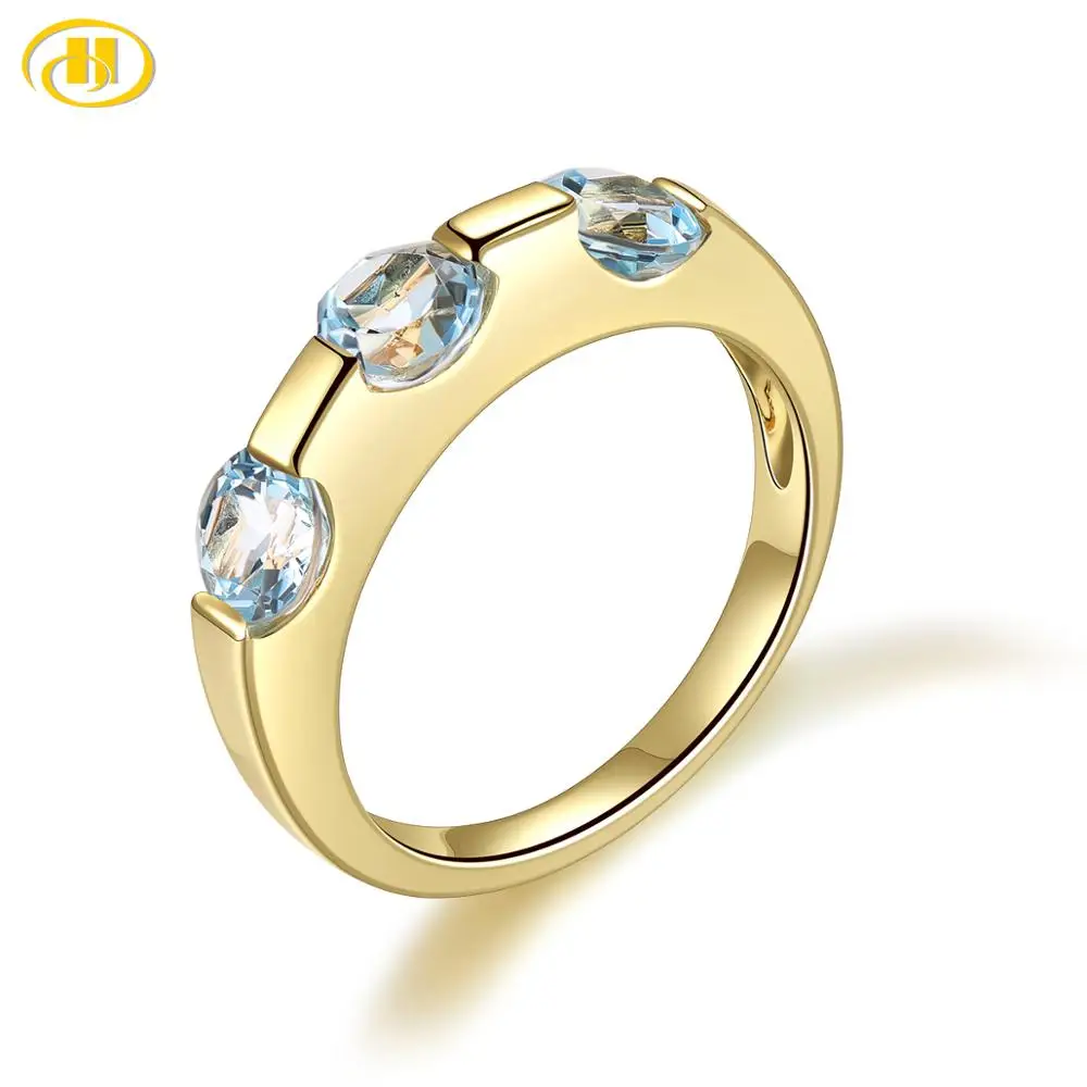 Hutang Engagement Women's Ring 1.77ct Natural Gemstone Blue Topaz Yellow Gold Solid 925 Sterling Silver Rings Fine Jewelry Gift