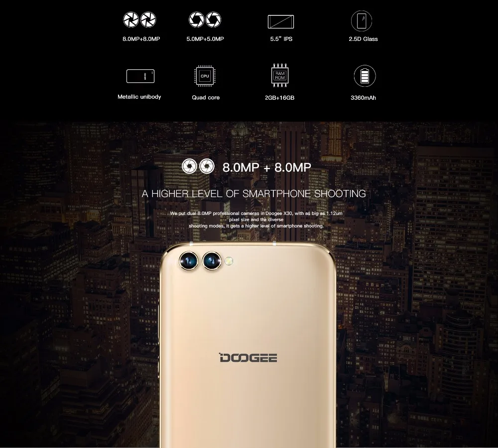 Оригинал DOOGEE X30 Встроенная память 16 ГБ смартфон MTK6580 4 ядра 5.5 дюймов Android 7.0