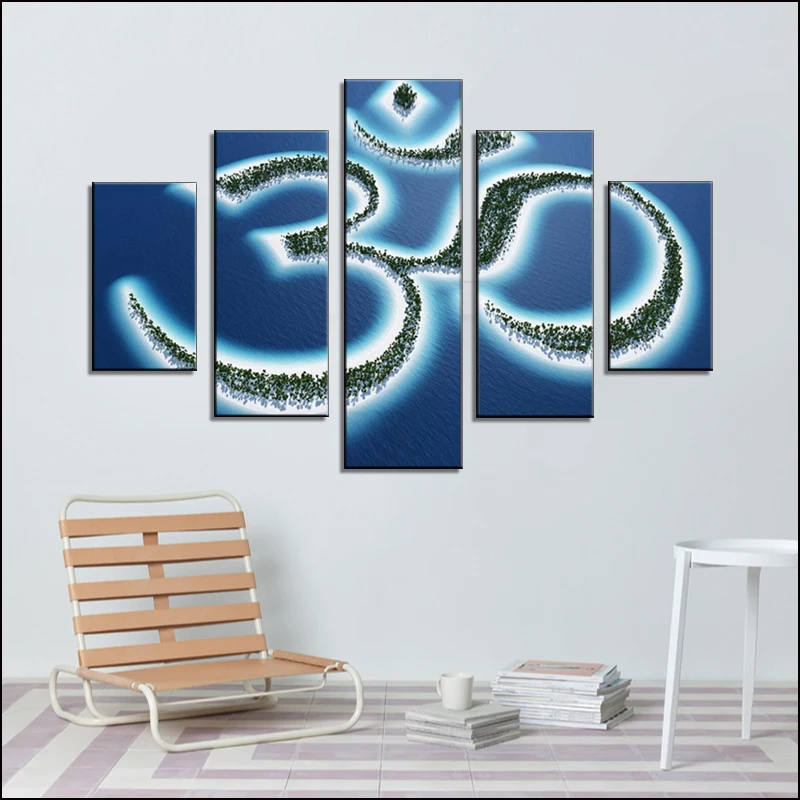 Слог Aum картины Buddism символ искусства Giclee 5 панель индический текст настенная