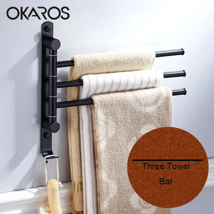 Black Three Bar OKAROS вешалка для полотенец для ванной комнаты с крюком, вращение на 180 градусов, слой из нержавеющей стали, вешалка для полотенец, настенный держатель для полотенец для ванной комнаты - Цвет: Black Three Bar