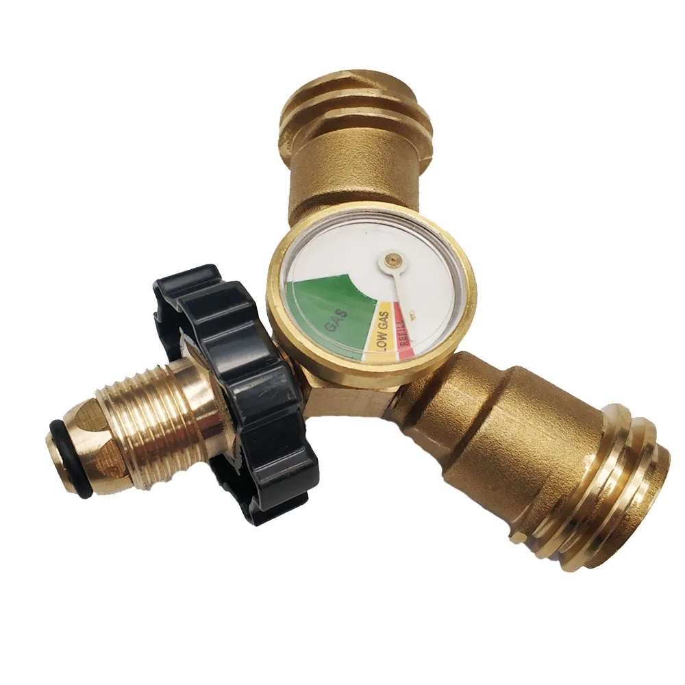 Earth Star brass 20-50Lbs propane cylinder POL type connection Y-splitter adapter with gauge meters for BBQ grill