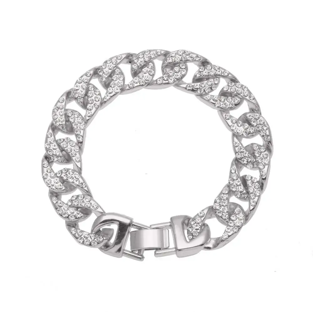 Silver Bracelet Для мужчин хип хоп Iced Out Bling Полный Rhinstones цепи Золото Серебро длинные CZ цепочки и ожерелья Майами, кубинская сеть Соединенные ожерелья браслет ювелирные изделия - Окраска металла: Silver Bracelet