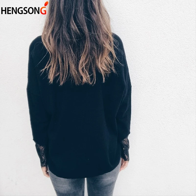 HENGSONG осень Для женщин кружева v образным вырезом футболки сексуальный женский с