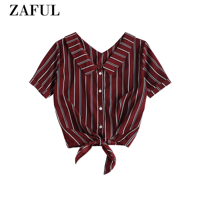 ZAFUL отложной воротник полосатая Повседневная рубашка Топы и блузки шифон Harajuku
