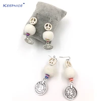 2017 new handmade ethnic dangle earrings with cotton ball peace sign charm earrings antique silver coin pendant summer style