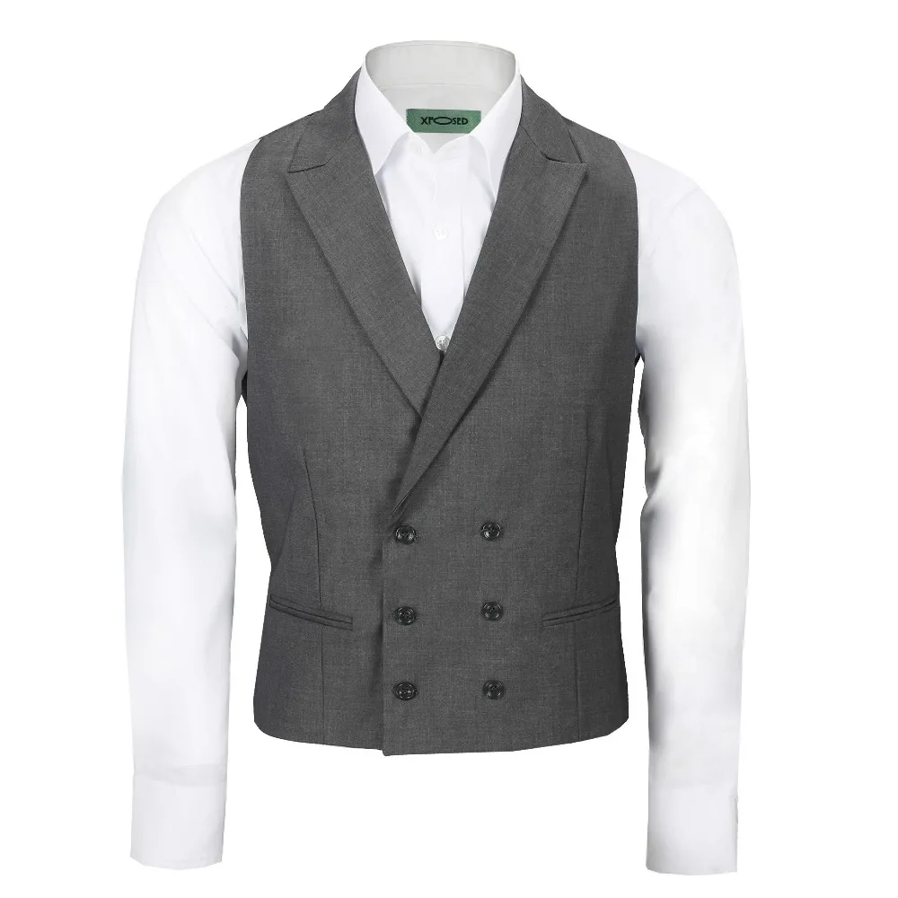 Мужской двубортный жилет облегающий серый с отложным воротником|Костюмы| |