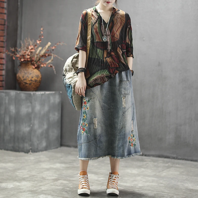 Блузка женская льняная в национальном стиле свободная однобортная Повседневная